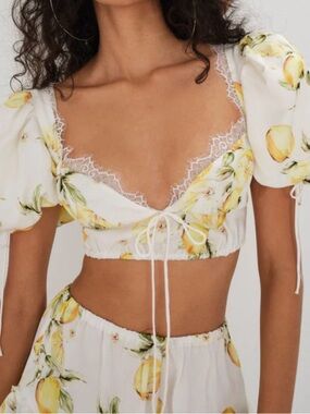For Love & Lemons White Lemon-Print Lace-Trim Cropped Alana Top